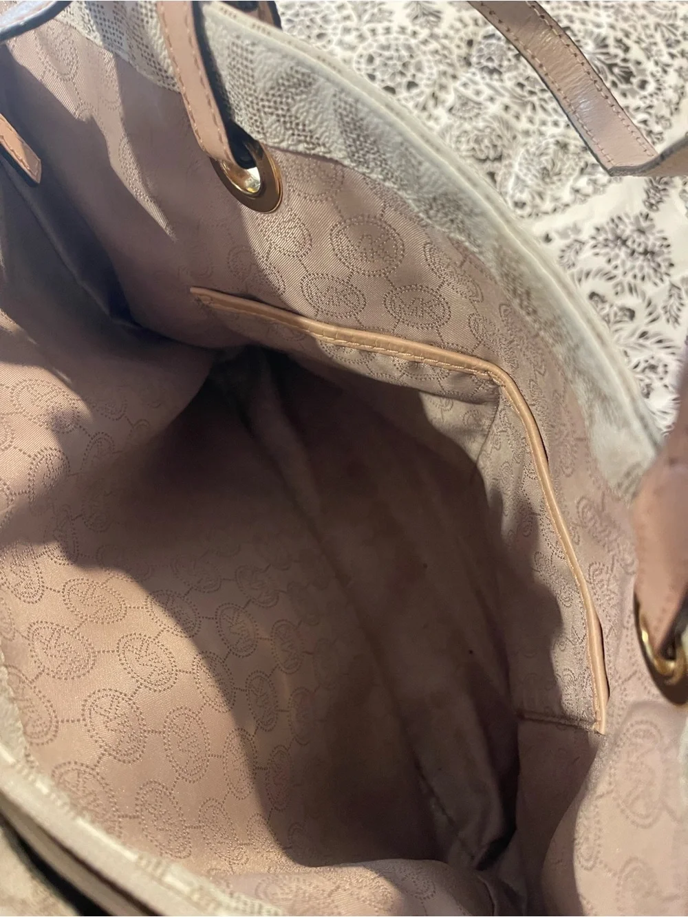 Michael Kors Light Beige MK Logo Canvas Tote with Tan Handles